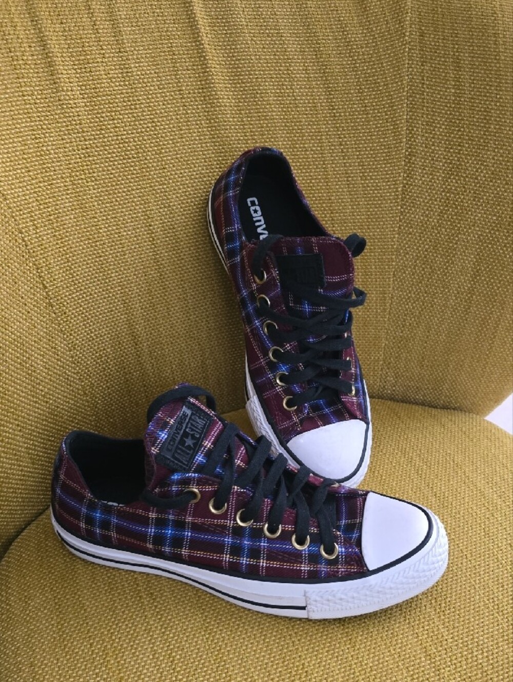 Converse Plaid Low Top Sneakers in Burgundy, Blue, Black - Picture 2 of 8